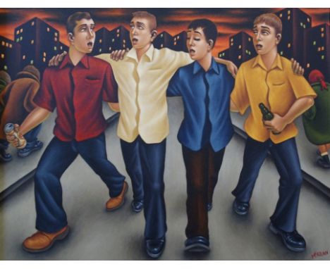 •GRAHAM MCKEAN (Scottish b. 1962)  BOYS NIGHT OUT  Oil on canvas, signed, 61 x 76cm (24 x 30")