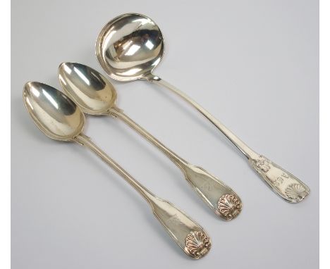 A pair of silver basting spoons by Jonathan Hayne, London 1831, 30cm long of fiddle pattern with shell motif and the terminal