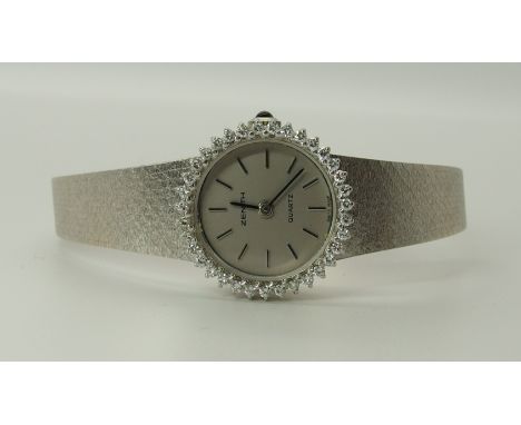 An 18ct white gold ladies diamond set Zenith Quartz watch with silver coloured dial baton numerals and baton hands, diamonds 