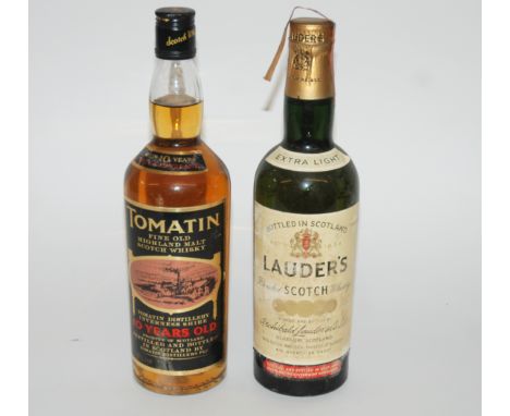 A bottle of Tomatin 10 year old malt whisky 40% vol and a bottle of Lauder's blended scotch whisky (2)