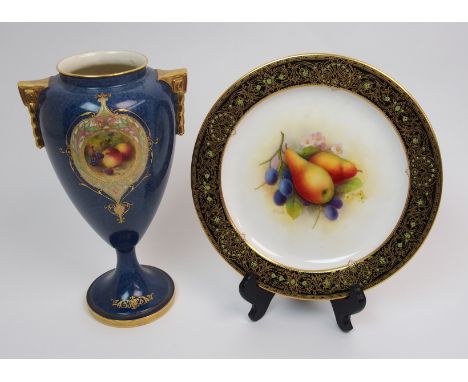 A Royal Worcester cabinet plate painted with pears and plums by A Shuck surrounded by a decorative black and gilt rim, 22cm d