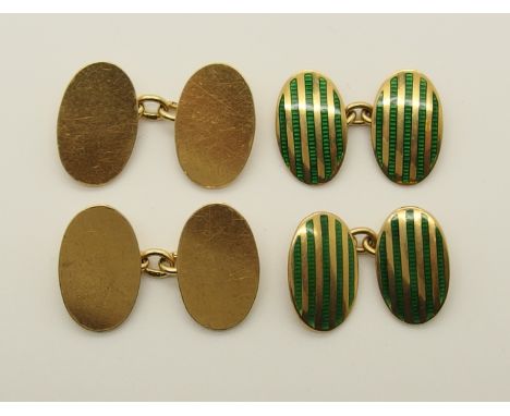 Two pairs of 18ct gold cufflinks one pair completely plain, made by Saunders & Shepherd, oval fronts 1.8cm x 1.2cm, weight 14
