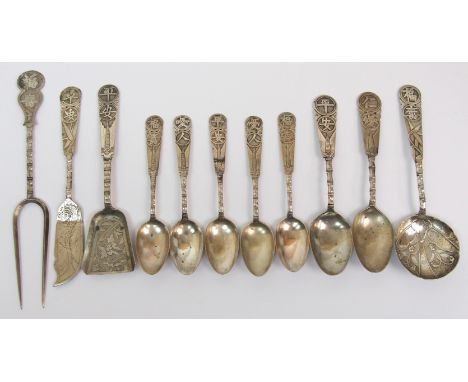 Five Chinese silver teaspoons cast with characters,11cm, two other teaspoons, 12.5cm long, pickle fork, 17cm long, jam spoon,