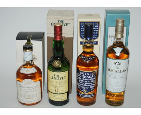 A bottle of Royal Lochnagar 12 year old malt whisky, 40% vol, 70cl Antiquary 12 year old, Macallan Fine Oak 15 year old, Glen