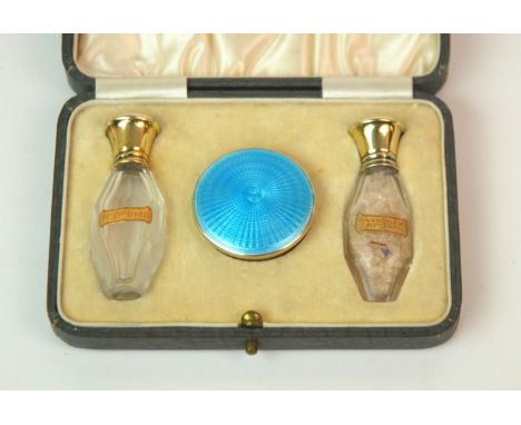 A cased silver and enamel pair of scent bottles with matching pill box by Martin Hall & Co Ltd, Birmingham, scent bottles, 19