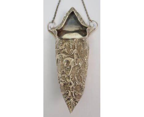 A large silver pin cushion or etui by George Nathan & Ridley Hayes, Chester 1907, modelled as an Eastern shoe, embossed with 