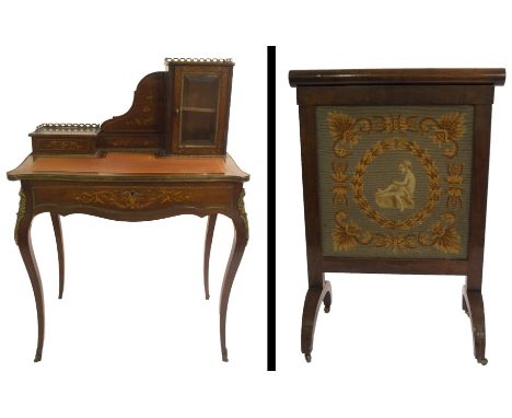 A French rosewood and inlaid, gilt metal mounted writing desk with glazed superstructure flanked by a drawer above leather sk