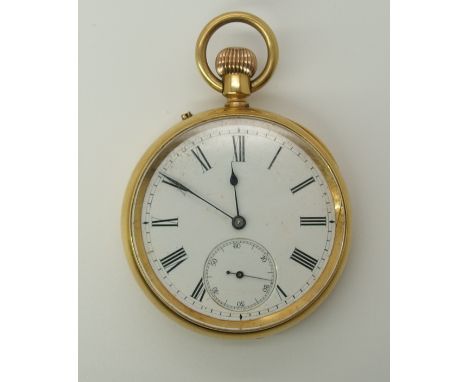 An 18ct gold open face pocket watch with white enamel dial, black Roman numerals, subsidiary seconds dial and blued steel han