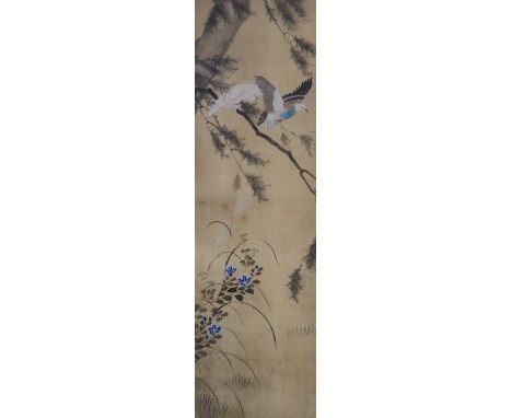 Chinese School a silk scroll painting depicting a pair of doves on flowering branches above plants and grasses, 136 x 43cm