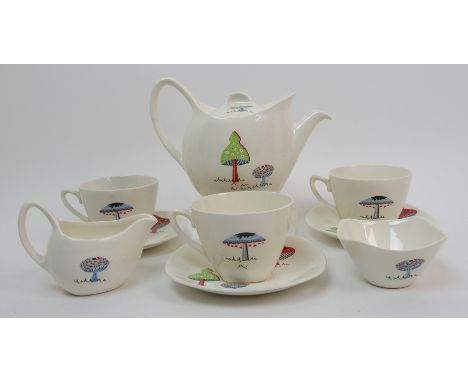 Jessie Tait for Midwinter Toadstools part teaset comprising three cups and saucers, milk jug, sugar bowl and teapot, circa 19