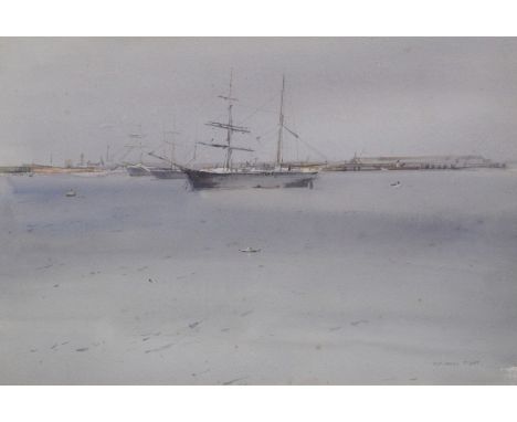 •ROBERT PURVES FLINT RSW, RWS (Scottish 1883 - 1947)  SCHOONERS AT GRANTON  Watercolour, signed, 25 x 37.5cm (9 3/4 x 14 3/4"