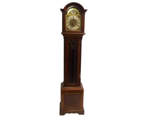 A mahogany longcase clock the brass face with silvered dial, Westminster and Whittington chimes, with eight and four gongs st