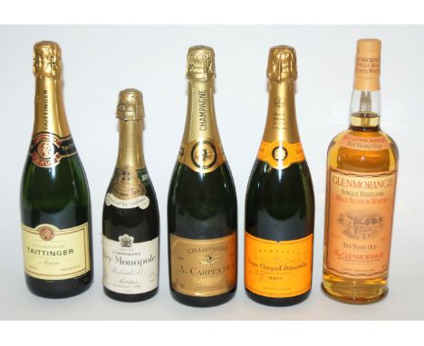 A bottle of Glenmorangie malt whisky, 1 litre in carton 43% vol, three bottles of champagne, Veuve Clicquot, Taittinger and A