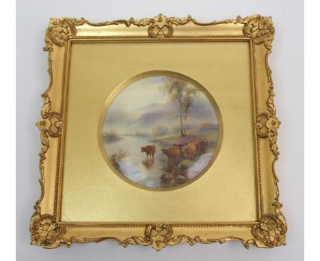 A framed Royal Worcester plaque by John Stinton hand painted with cattle in a mountainous river landscape, signed John Stinto