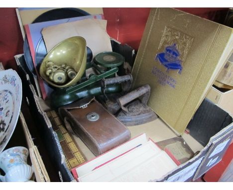 Flat Irons, records, camera, scales and brass weights etc:- One Box