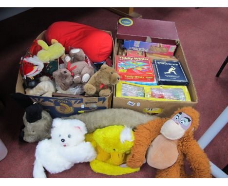 Pelham Puppet, soft toys, Scrabble, Jenga, other games:- Two Boxes