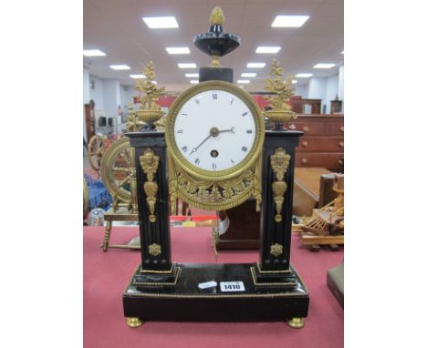 A Regency Style Mantle Clock, thirty hour movement, black Roman numerals to white enamel dial, 40cm high.