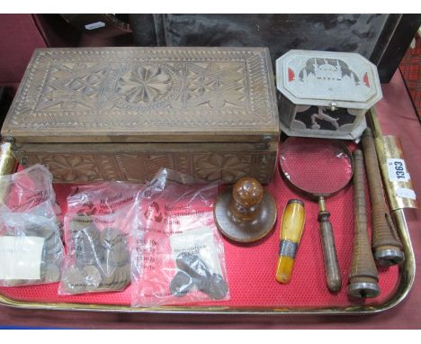 Amber Tipped Cheroot Holder, oak darning mushroom, Middle Eastern caddy, magnifying glass, coinage, Indian box, etc:- One Tra