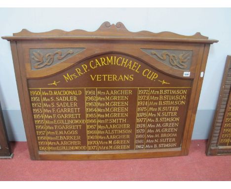 Golf Sign, Mrs R.P. Carmichael Cup Veterans, featuring ladies from 1950 to 1982 in gilt lettering, 95.5cm wide.