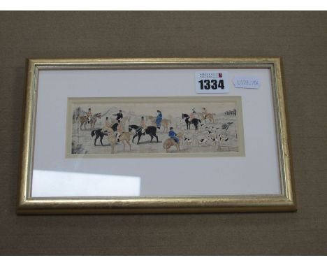 A XIX Century Silk Panel of a Hunting Scene, 5 x 15cm.
