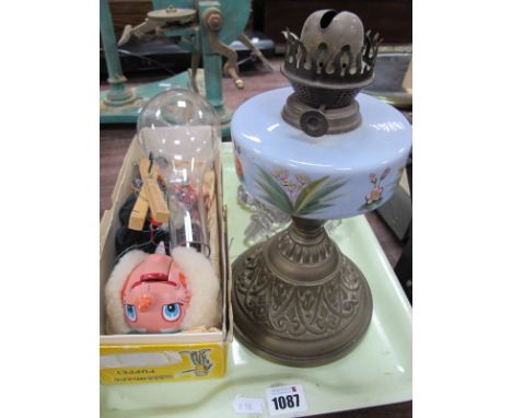 An Early XX Century Oil Lamp, with painted glass well, six glass drawer handles, Pelham puppet:- One Tray.
