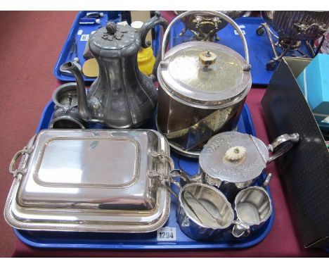 An Oak Twelve Sided Biscuit Barrel, with plated mounts and porcelain liner, plated three piece Bachelors tea service, tureen,