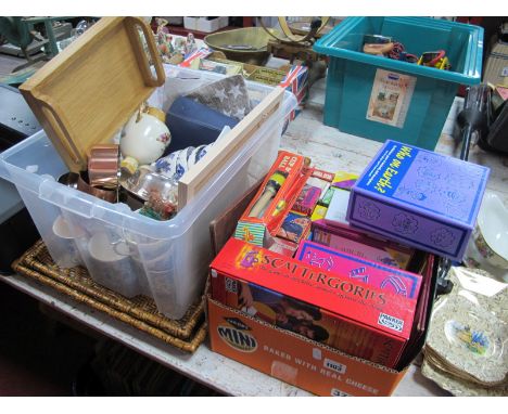 Trays, Copper pans, plated muffin dish, ceramics, chess set, games.