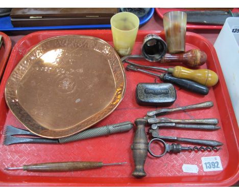 Teachers Whisky Copper Pentagonal Trays. Time is Money snuff box, Corkscrew, three horn beakers, other implements:- One Tray.