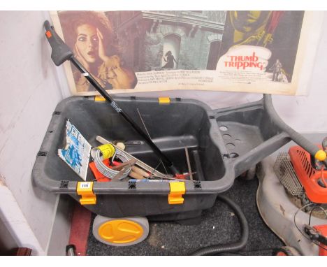 A Plastic Wheel Barrow, foot pump, lawn edges, Rabone level many other tools.