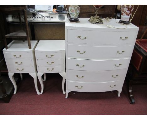 White Painted Bow Fronted Chest of Drawers, with five long drawers, on bracket feet; together with a pair of bedside chests. 