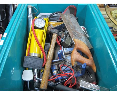 Tools - Auto Torque, Marples, Ridgway MR 6807, Corner clamp, saws, hammers, foot pump, etc:- One Box.