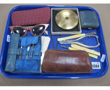 Mother of Pearl Handled Manicure Set, in leather case, Stratton compact, 1950's sunglasses etc:- One Tray