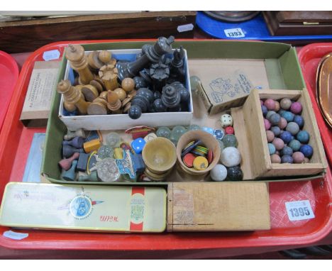 Small Collectables, including early XX Century chess pieces, dice, game markers, etc, plus paper and metal stencils:- One Tra