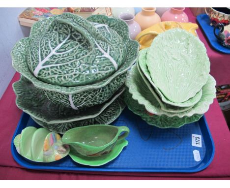 Portuguese Large Pottery Cabbage Leaf Tureen, Cover and Stand, Royal Winton toast rack, Crown Ducal and Carlton Ware leaf pla