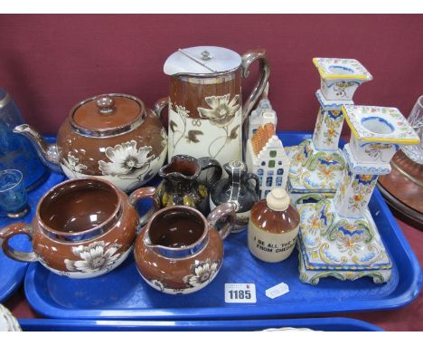 A Burslem Pottery Tea Service, decorated with flowers and silver lustre, and a matching jug, with a pewter lid, a pair of Del