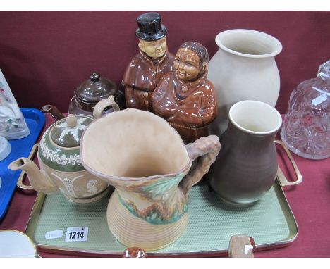 1930's Ribbed Jug Vase, Poole earthenware vase, Lovatts vase, pottery monk flasks, Doulton and other teapots with applied dec