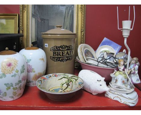 A Pair of Gallery Ceramic Urns, Pearson's bread crock, terracota parrot bowl, finger plates, etc.