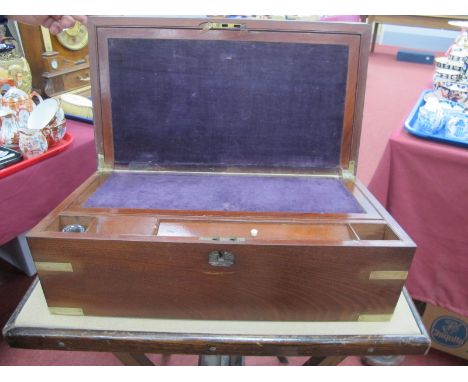 A Victorian Mahogany Campaign Brass Mounted Writing Slope, with inkwell, etc 45.5cm wide.