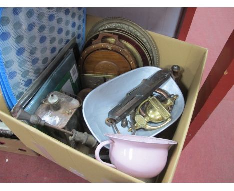 Scales - Salter's spring scales, brass door knocker, Cannon poker stand, etc:- One Box.