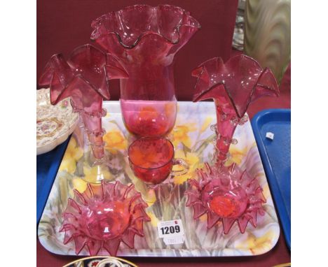 Pair of Cranberry Glass Flute Vases, with applied frill to stems, crimped rims, pair of cranberry glass dishes, vase and cust