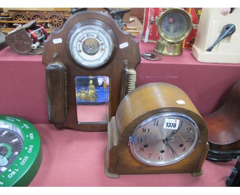 1940's Oak Mantel Clock; together with a wall mounted brush set, aneroid barometer.