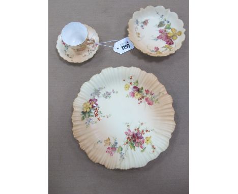 Early XX Century Royal Worcester Blush Ivory Fluted Plate, handpainted with flowers, similar smaller bowl cup and saucer, gre