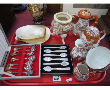 Two Mother of Pearl Caviar Dishes, cased set of mother of pearl spoons, Australian crested teaspoons (cased), Japanese teawar