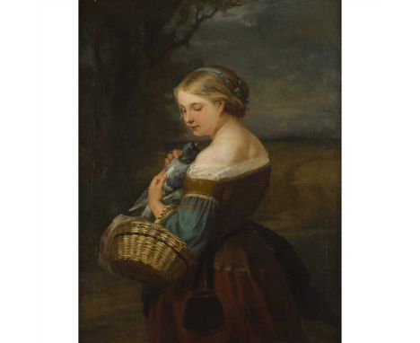 CARL WAGNER (GERMAN 1796-1867) PORTRAIT OF A PEASANT GIRL WITH A PIGEON Oil on canvas (Dimensions: 104cm x 80cm (41in x 31.5i