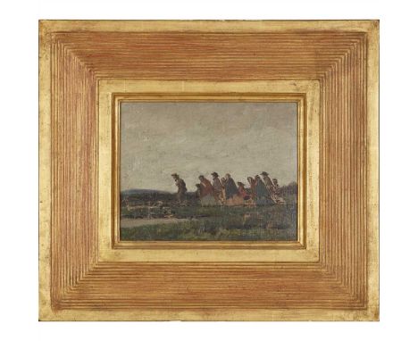 CIRCLE OF WILLIAM NICHOLSON (BRITISH 1872-1949)  FIGURES CROSSING A LANDSCAPE Oil on canvas (Dimensions: 18.5cm x 23.5cm (7.2
