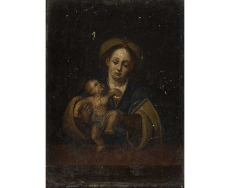 16TH CENTURY GERMAN SCHOOL THE MADONNA AND CHILD Oil on oak panel (Dimensions: 23cm x 17cm (9.25in x 7.25in))(23cm x 17cm (9.