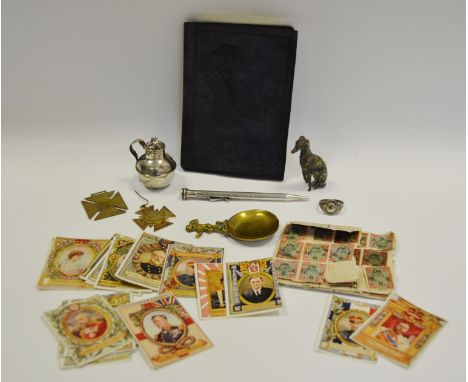 Boxes and Objects - a cast brass grey hound; brass caddy spoon; Victorian 60 year reign medals etc