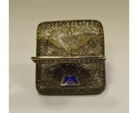 A white metal and filigree enamel cigarette case, 104.2g