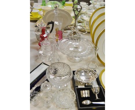 Silver Plated Ware and Glassware - a silver plated condiment stand; a silver plated hot water jug; a cranberry glass jug; cra