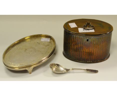 A George III silver oval teapot stand, London 1785; an oval Sheffield Plate tea caddy; a  caddy spoon 